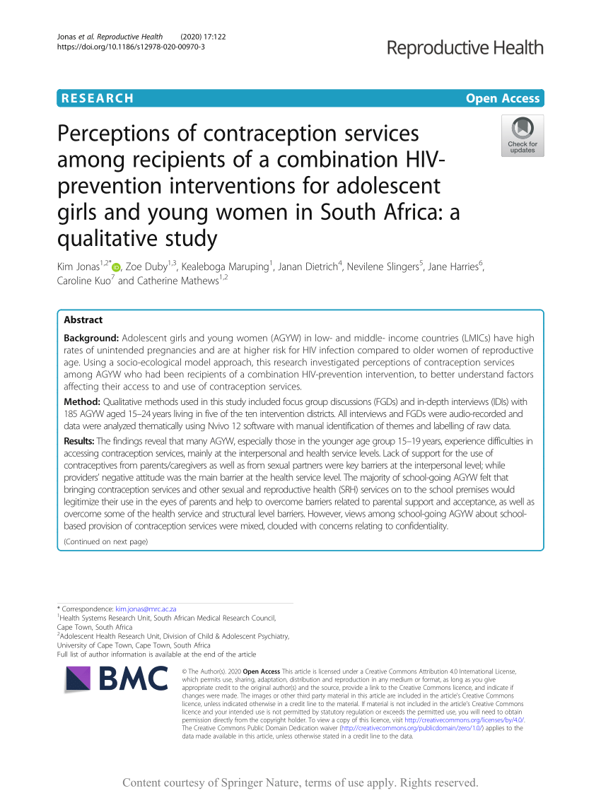 Pdf Perceptions Of Contraception Services Among Recipients Of A Combination Hiv Prevention Interventions For Adolescent Girls And Young Women In South Africa A Qualitative Study