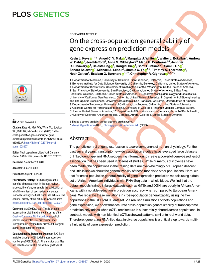 Pdf On The Cross Population Generalizability Of Gene Expression Prediction Models