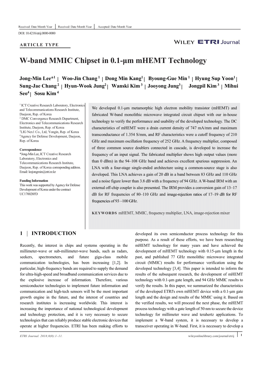 W‐Band MMIC chipset in 0.1‐μm mHEMT technology - Lee - 2020 - ETRI Journal  - Wiley Online Library