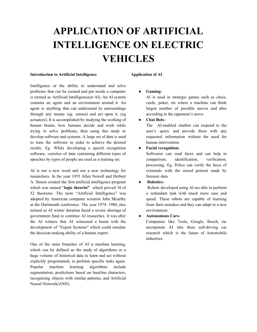 (PDF) APPLICATION OF ARTIFICIAL INTELLIGENCE ON ELECTRIC VEHICLES