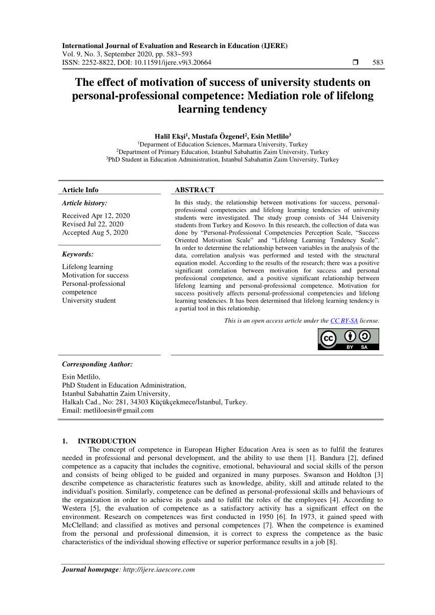 pdf the effect of motivation of success of university students on personal professional competence mediation role of lifelong learning tendency