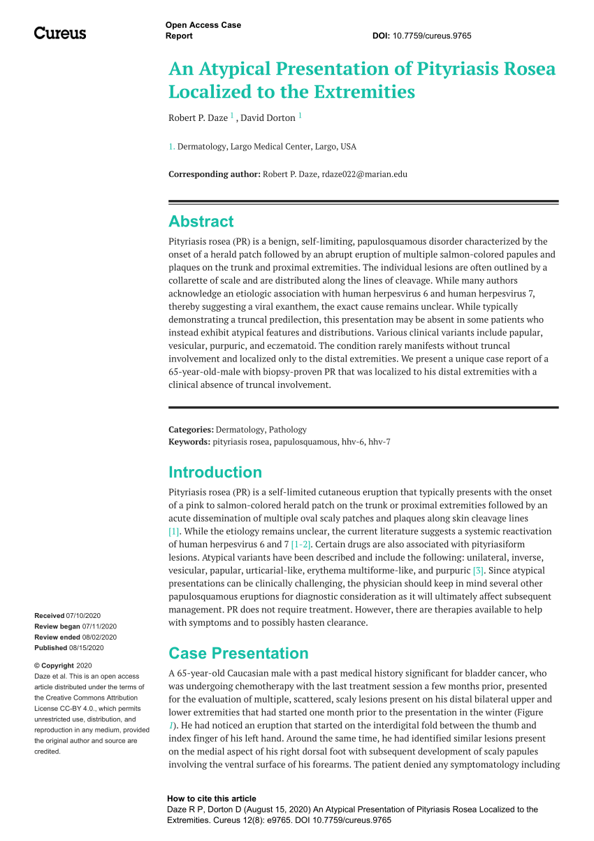 Cureus An Atypical Presentation Of Pityriasis Rosea L 