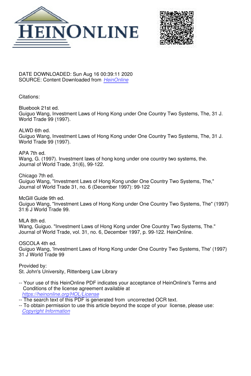 (PDF) Investment Laws of Hong Kong under One Country Two Systems