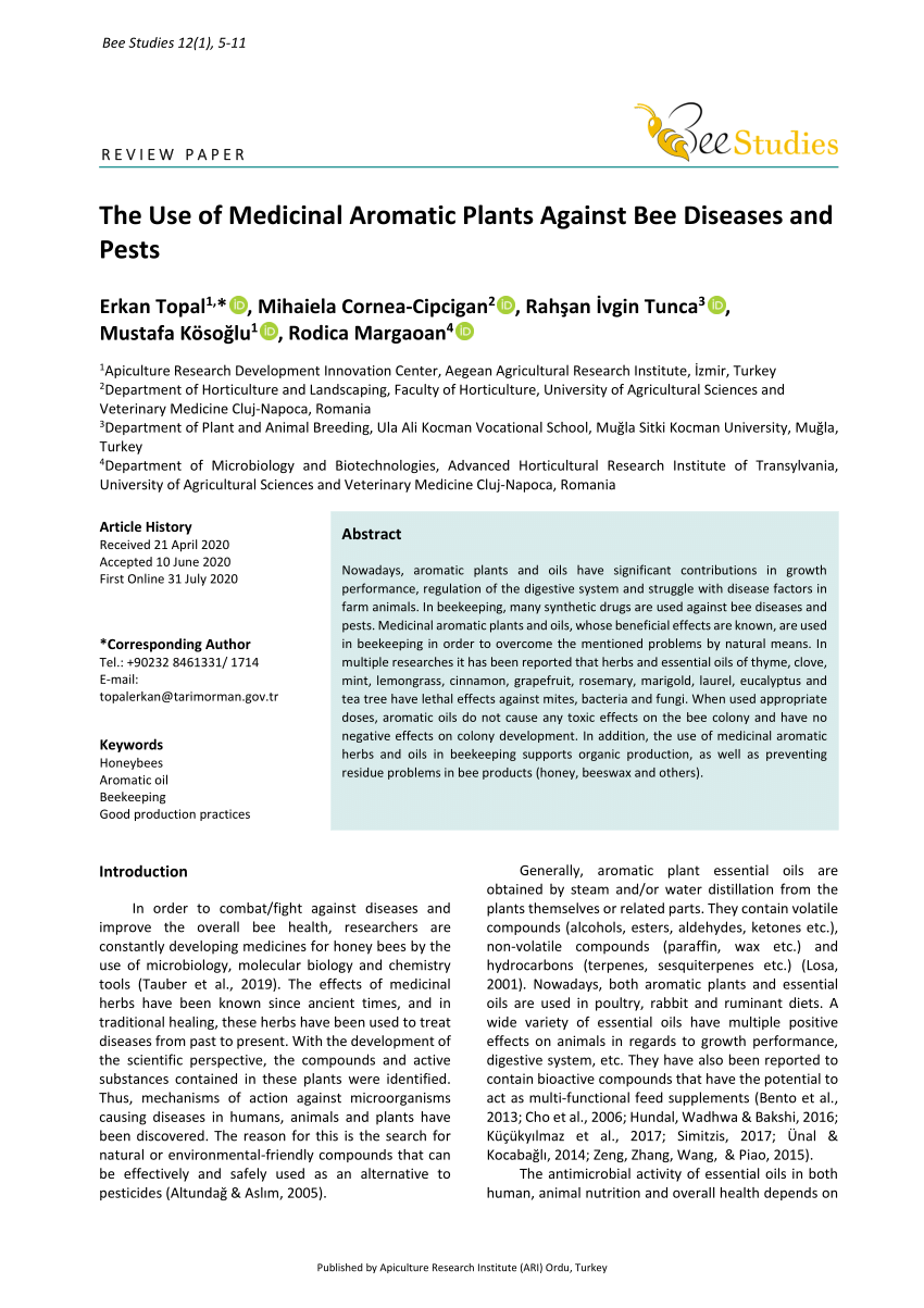 Pdf The Use Of Medicinal Aromatic Plants Against Bee Diseases And Pests