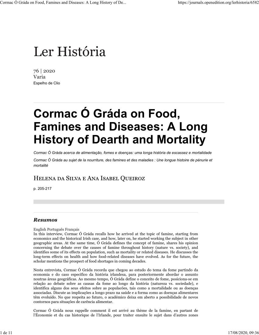 Pdf Cormac O Grada On Food Famines And Diseases A Long History Of Dearth And Mortality