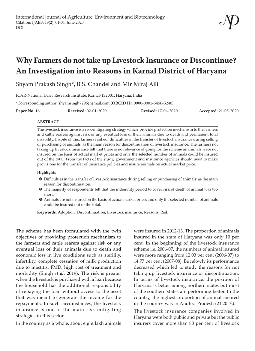 PDF) Why Farmers do not take up Livestock Insurance or Discontinue? An  Investigation into Reasons in Karnal District of Haryana