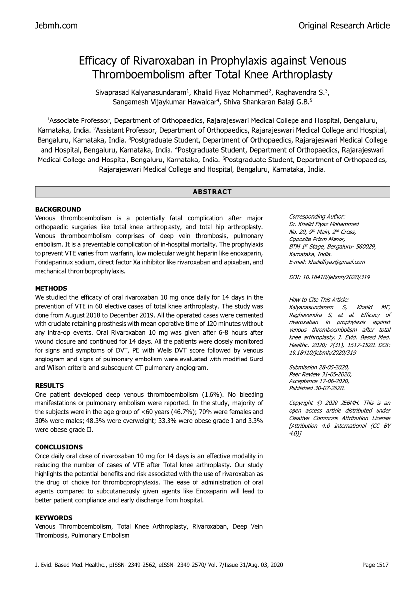 Pdf Efficacy Of Rivaroxaban In Prophylaxis Against Venous Thromboembolism After Total Knee 6354