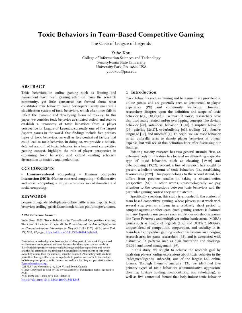 PDF) Toxic Behaviors in Team-Based Competitive Gaming The Case of League of Legends