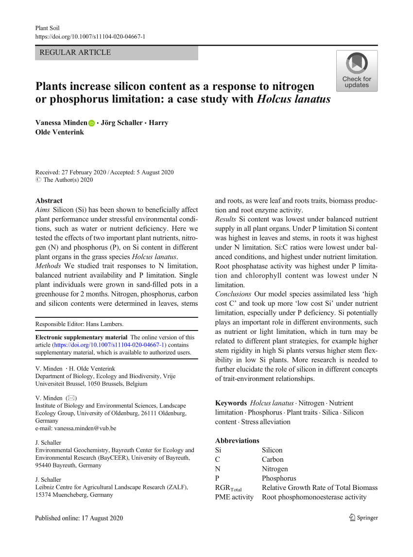 Pdf Plants Increase Silicon Content As A Response To Nitrogen Or Phosphorus Limitation A Case Study With Holcus Lanatus