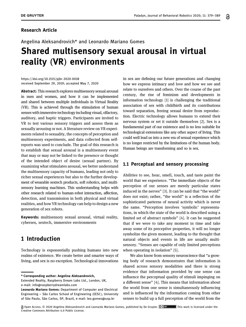 PDF) Shared multisensory sexual arousal in virtual reality (VR) environments