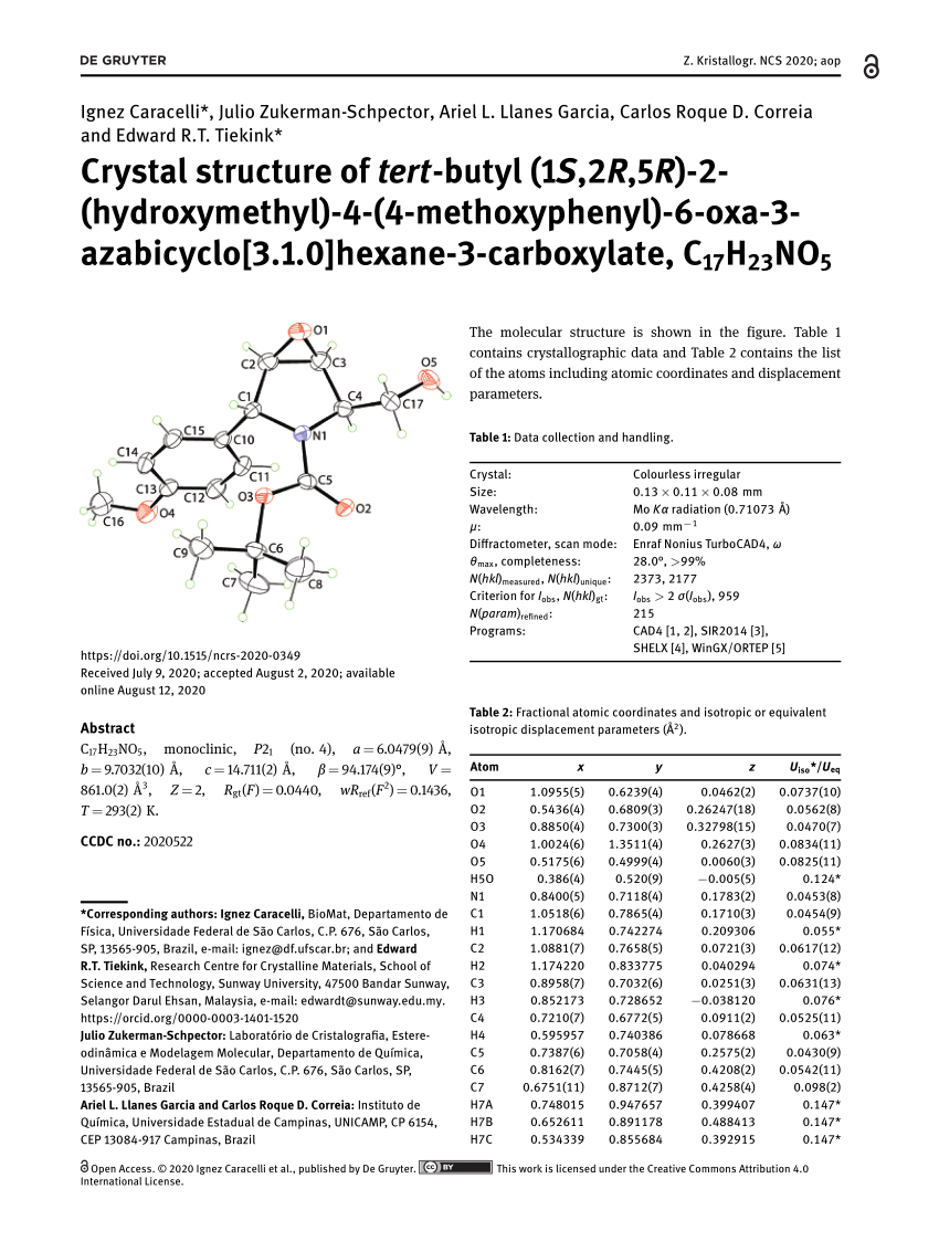 Pdf Crystal Structure Of Tert Butyl 1s 2r 5r 2 Hydroxymethyl 4 4 Methoxyphenyl 6 Oxa 3 Azabicyclo 3 1 0 Hexane 3 Carboxylate C17h23no5