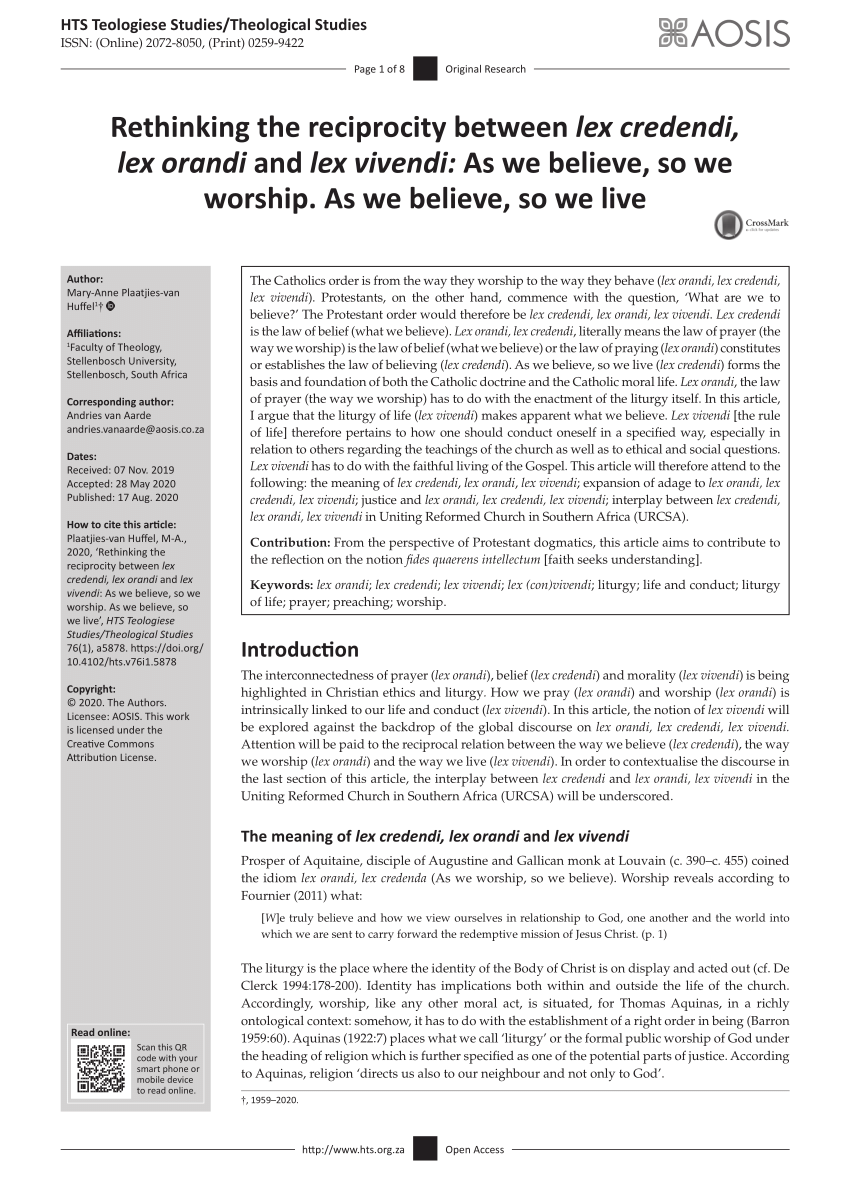 PDF) Rethinking the reciprocity between lex credendi, lex orandi and lex  vivendi: As we believe, so we worship. As we believe, so we live