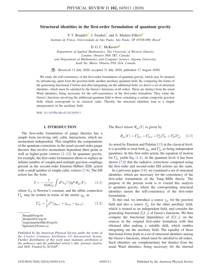 Pdf Structural Identities In The First Order Formulation Of Quantum Gravity