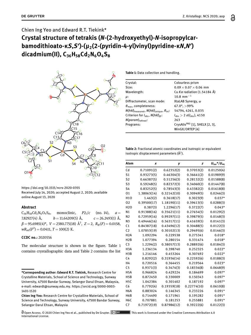 Pdf Crystal Structure Of Tetrakis N 2 Hydroxyethyl N Isopropylcarbamodithioato Ks S M2 2 Pyridin 4 Yl Vinyl Pyridine Kn N Dicadmium Ii C36h58cd2n6o4s8