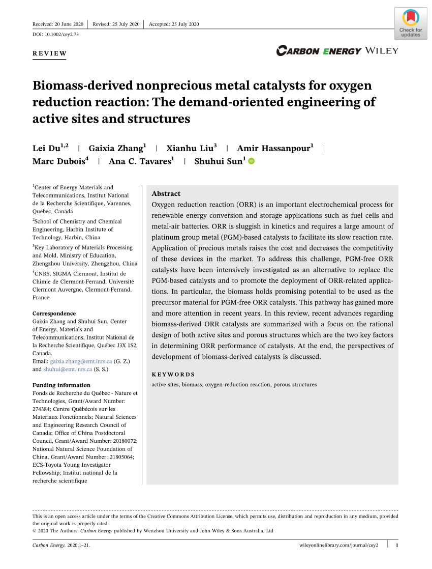 Pdf Biomass Derived Nonprecious Metal Catalysts For Oxygen Reduction Reaction The Demand Oriented Engineering Of Active Sites And Structures
