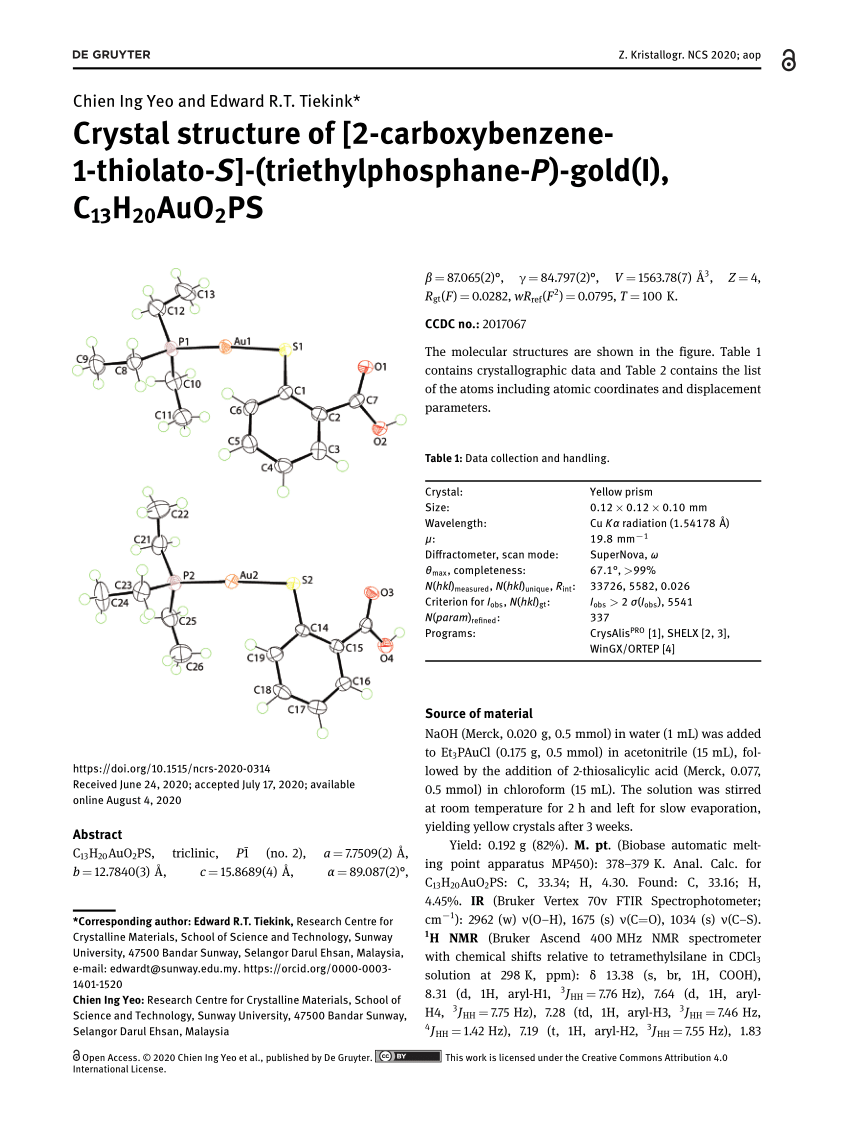 Pdf Crystal Structure Of 2 Carboxybenzene 1 Thiolato S Triethylphosphane P Gold I C13hauo2ps