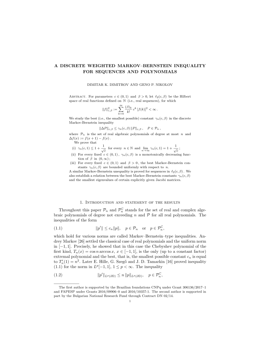 Pdf A Discrete Weighted Markov Bernstein Inequality For Sequences And Polynomials