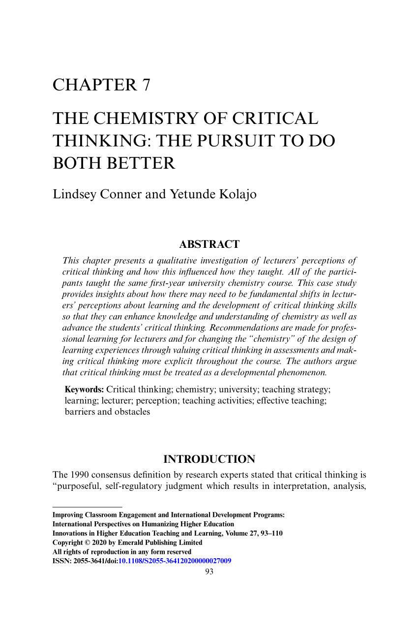 Pdf The Chemistry Of Critical Thinking The Pursuit To Do Both Better