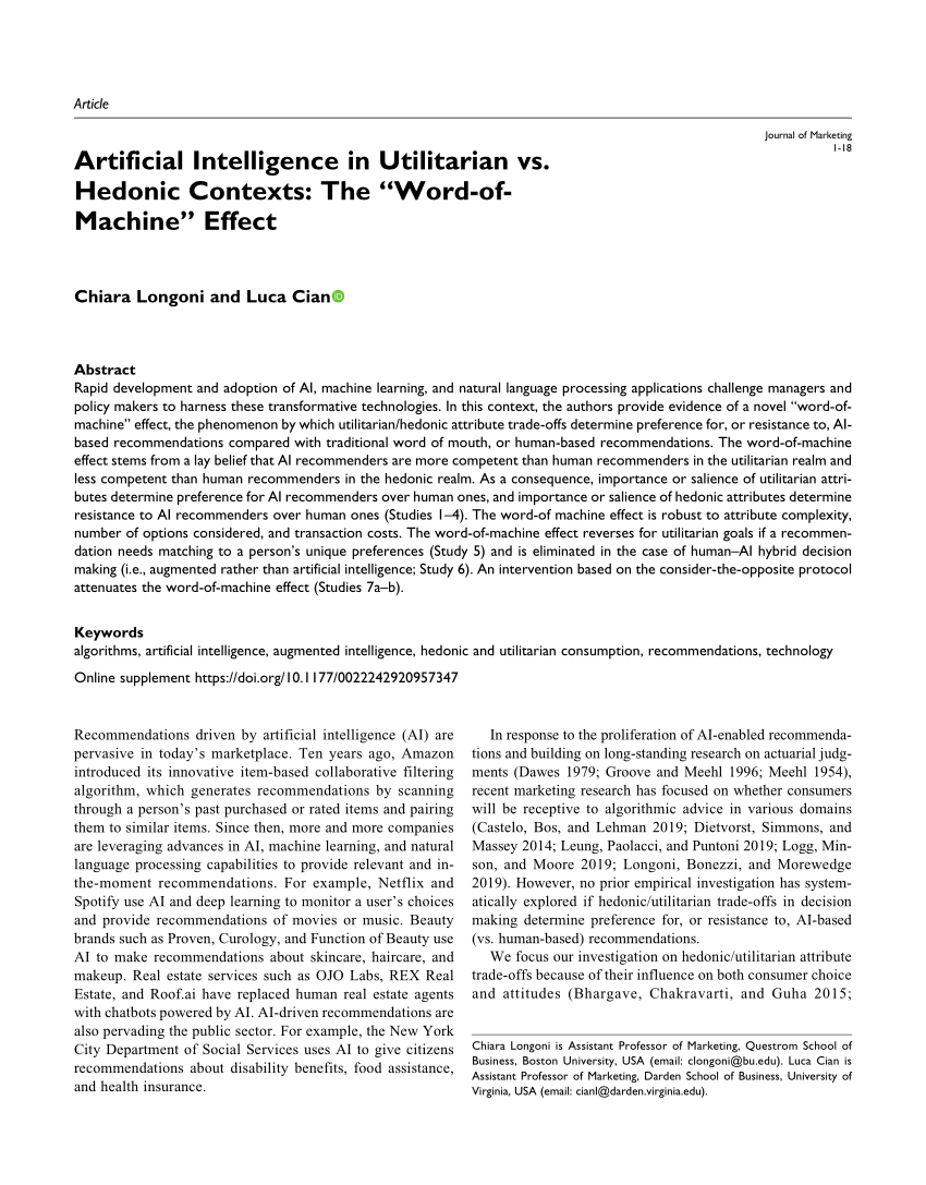 Pdf Artificial Intelligence In Utilitarian Vs Hedonic Contexts The Word Of Machine Effect