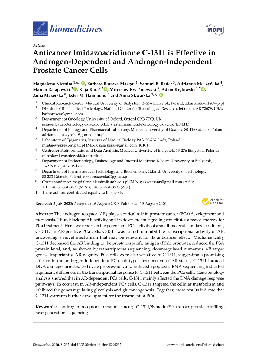 Pdf Anticancer Imidazoacridinone C 1311 Is Effective In Androgen Dependent And Androgen Independent Prostate Cancer Cells