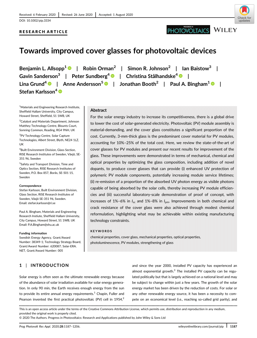 Pdf Towards Improved Cover Glasses For Photovoltaic Devices