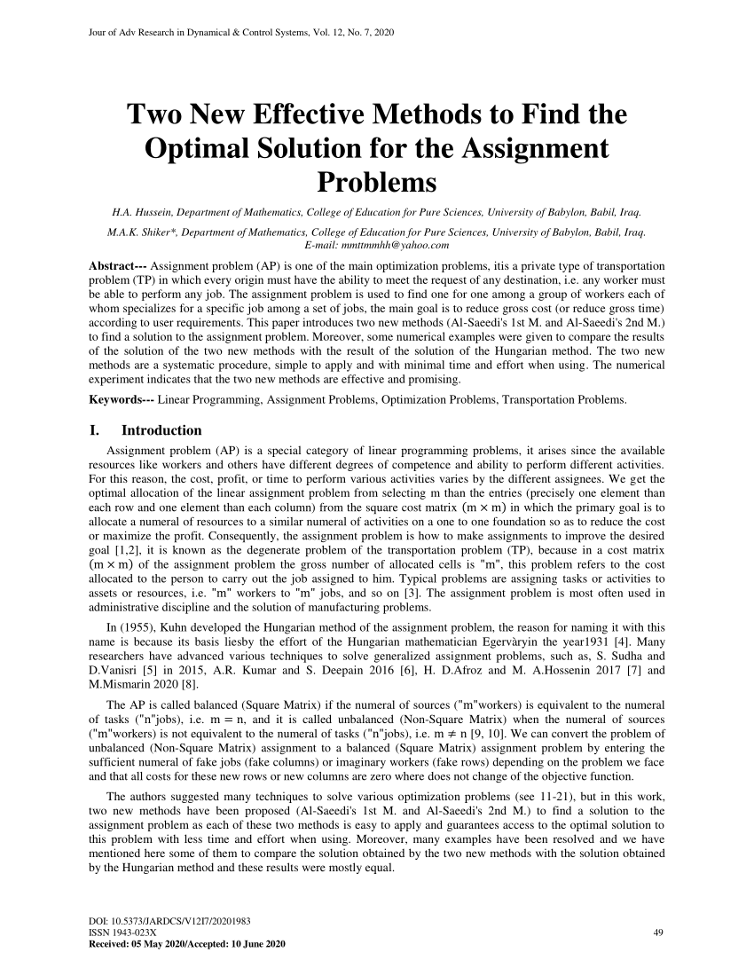 assignment problem project pdf