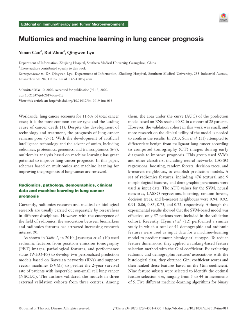 PDF) Multiomics and machine learning in lung cancer prognosis