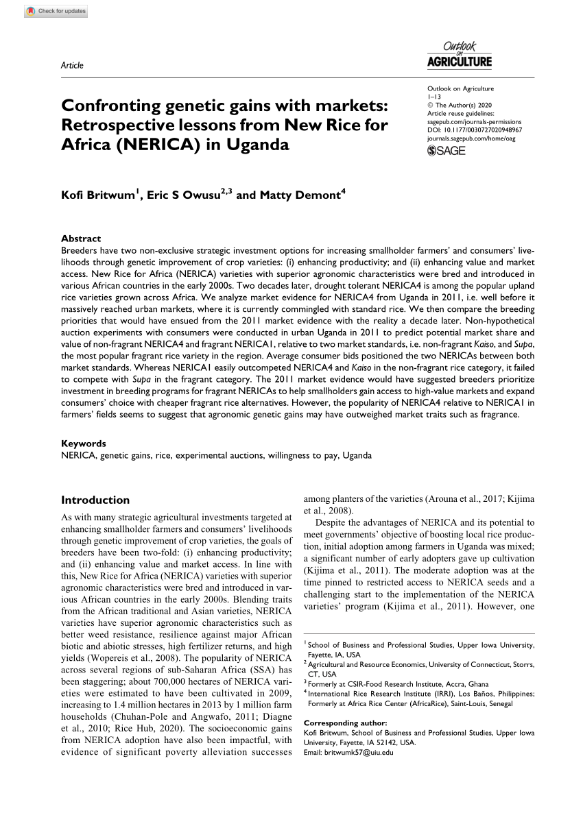 Pdf Confronting Genetic Gains With Markets Retrospective Lessons From New Rice For Africa Nerica In Uganda