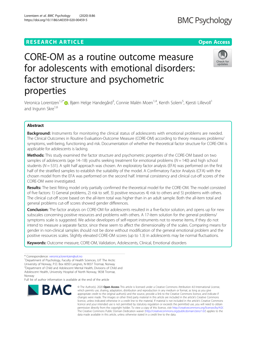 Measurement properties of the Swedish clinical outcomes in routine  evaluation outcome measures (CORE-OM): Rasch analysis and short version for  depressed and anxious out-patients in a multicultural area
