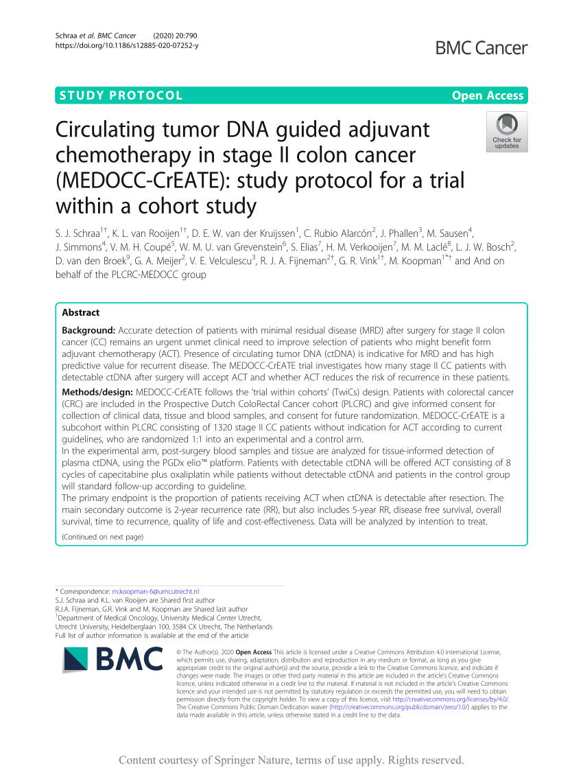 Pdf Circulating Tumor Dna Guided Adjuvant Chemotherapy In Stage Ii Colon Cancer Medocc Create Study Protocol For A Trial Within A Cohort Study