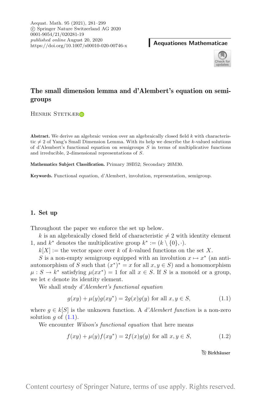 The Small Dimension Lemma And D Alembert S Equation On Semigroups Request Pdf