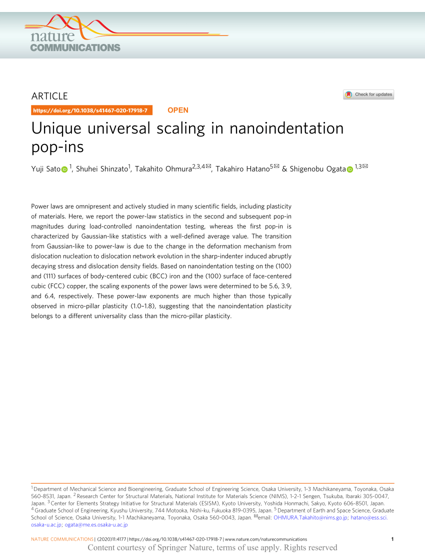 Pdf Unique Universal Scaling In Nanoindentation Pop Ins