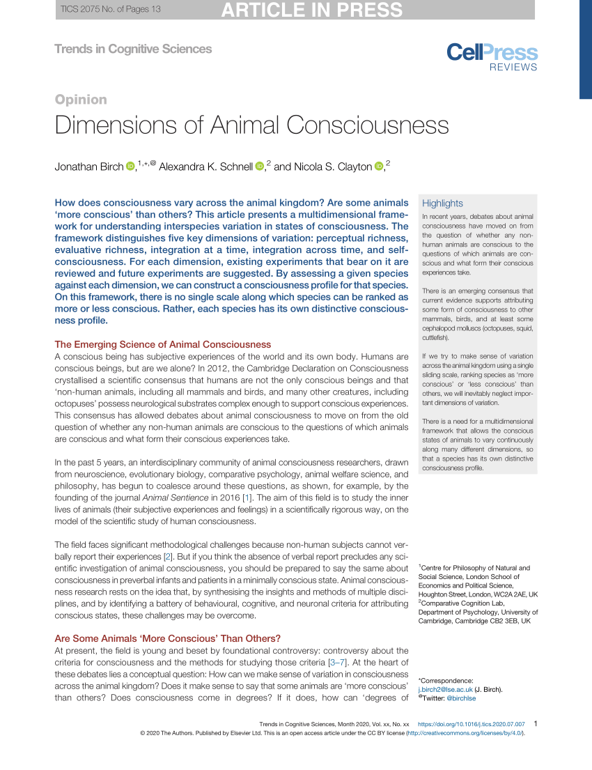 PDF) Dimensions of Animal Consciousness