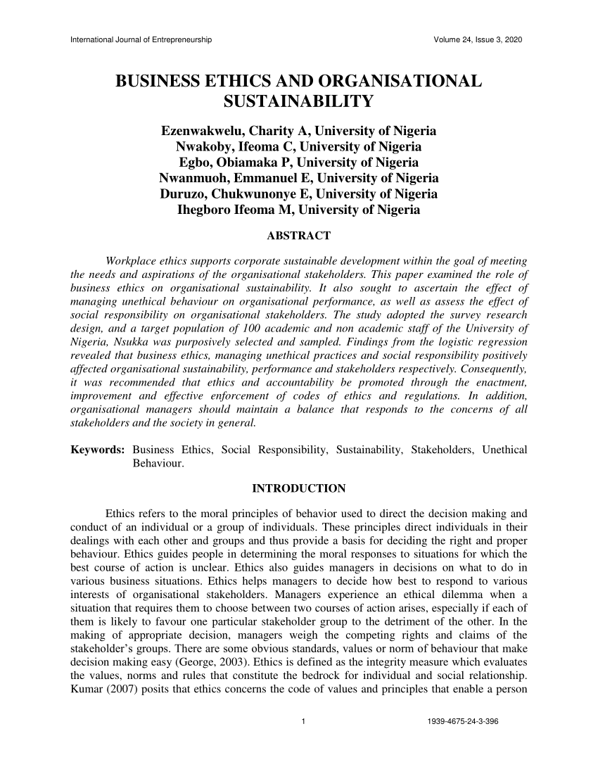 (PDF) BUSINESS ETHICS AND ORGANISATIONAL SUSTAINABILITY