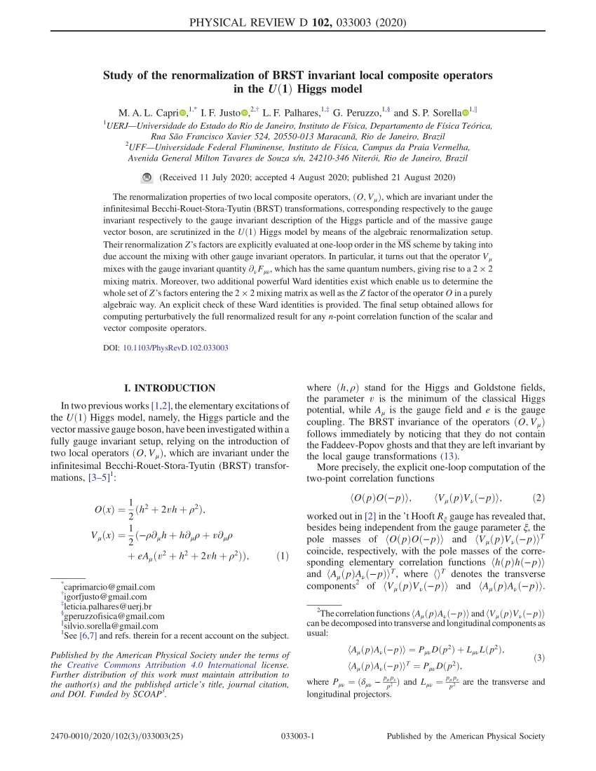 Pdf Study Of The Renormalization Of Brst Invariant Local Composite Operators In The U 1 Higgs Model