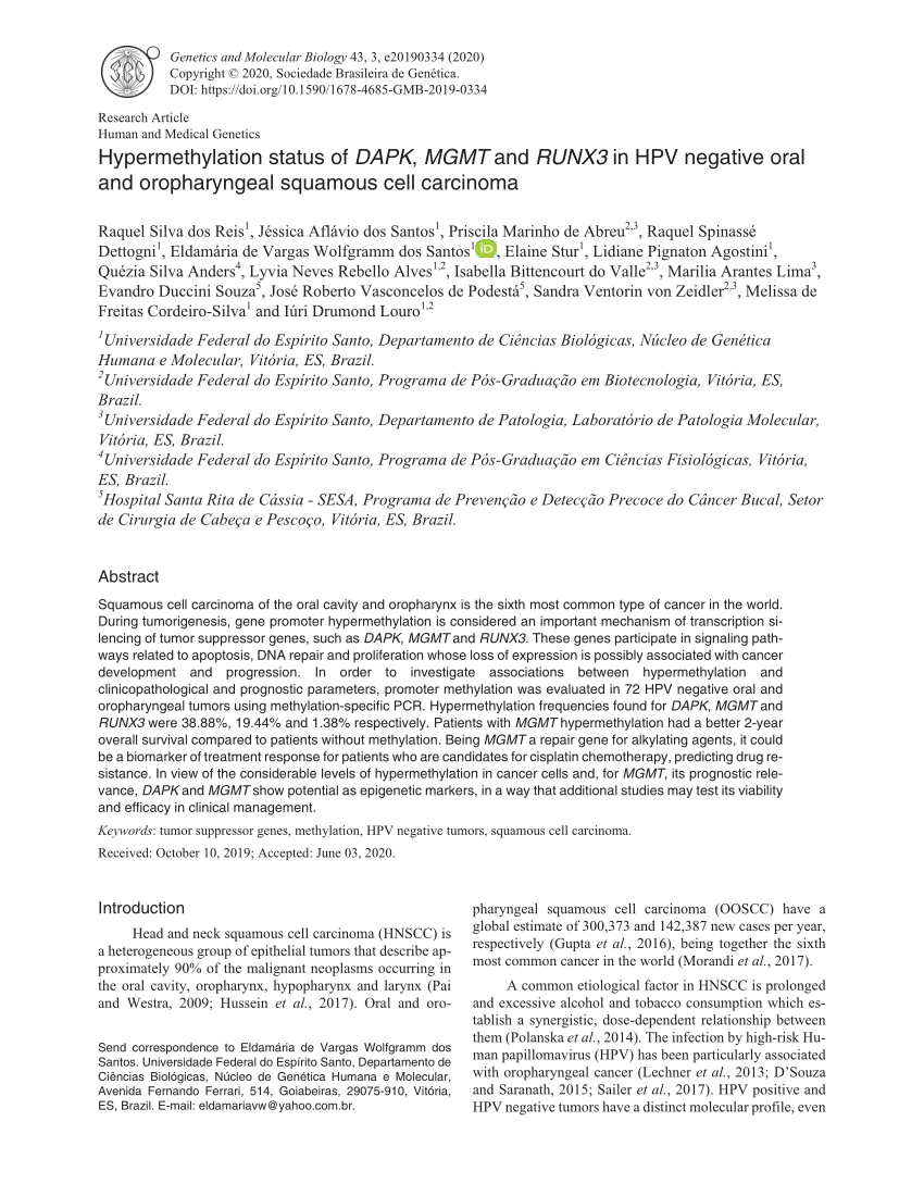 Pdf Hypermethylation Status Of Dapk Mgmt And Runx3 In Hpv Negative Oral And Oropharyngeal Squamous Cell Carcinoma