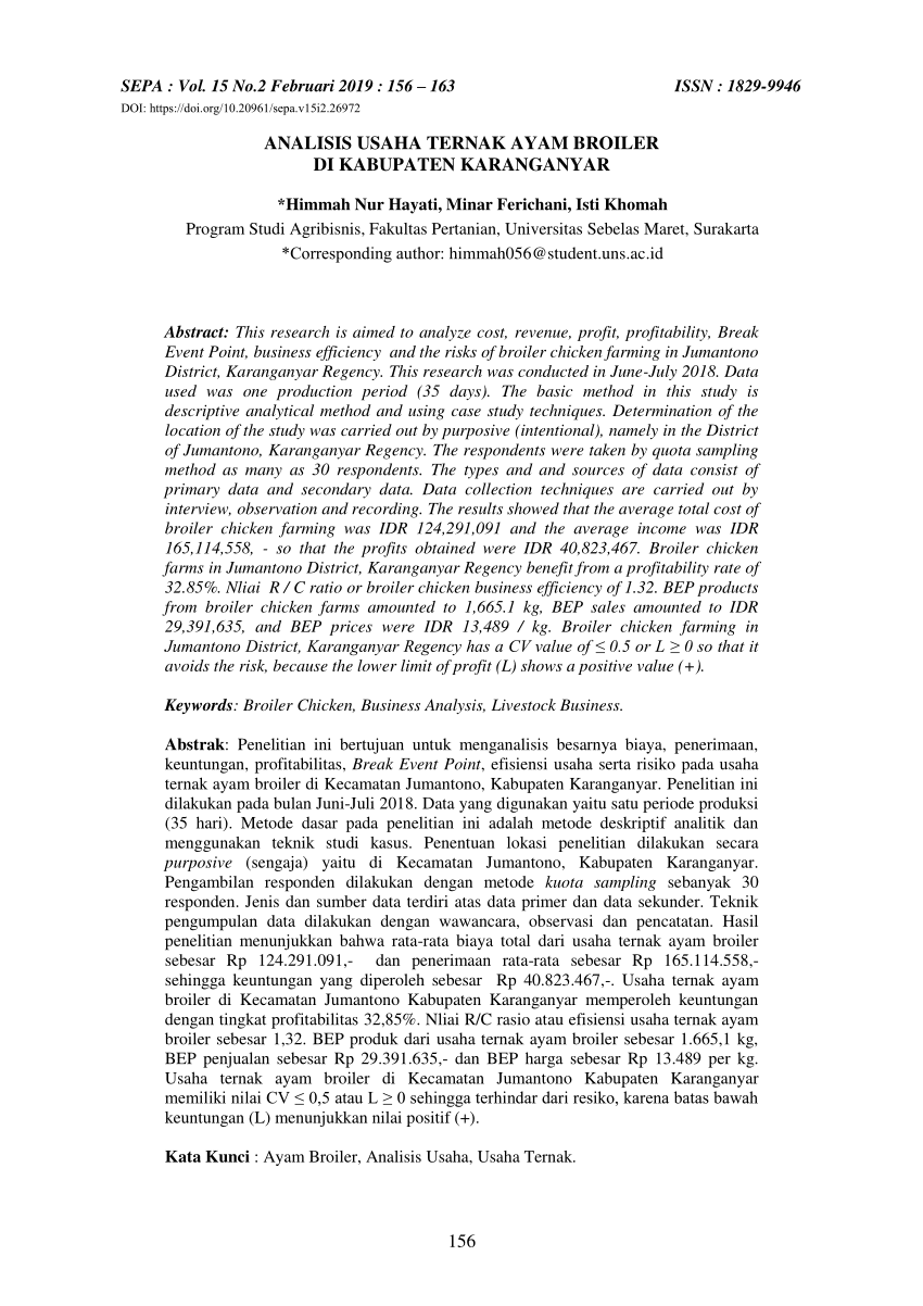 Pdf Analisis Usaha Ternak Ayam Broiler Kemitraan Di Kabupaten Karanganyar 6312