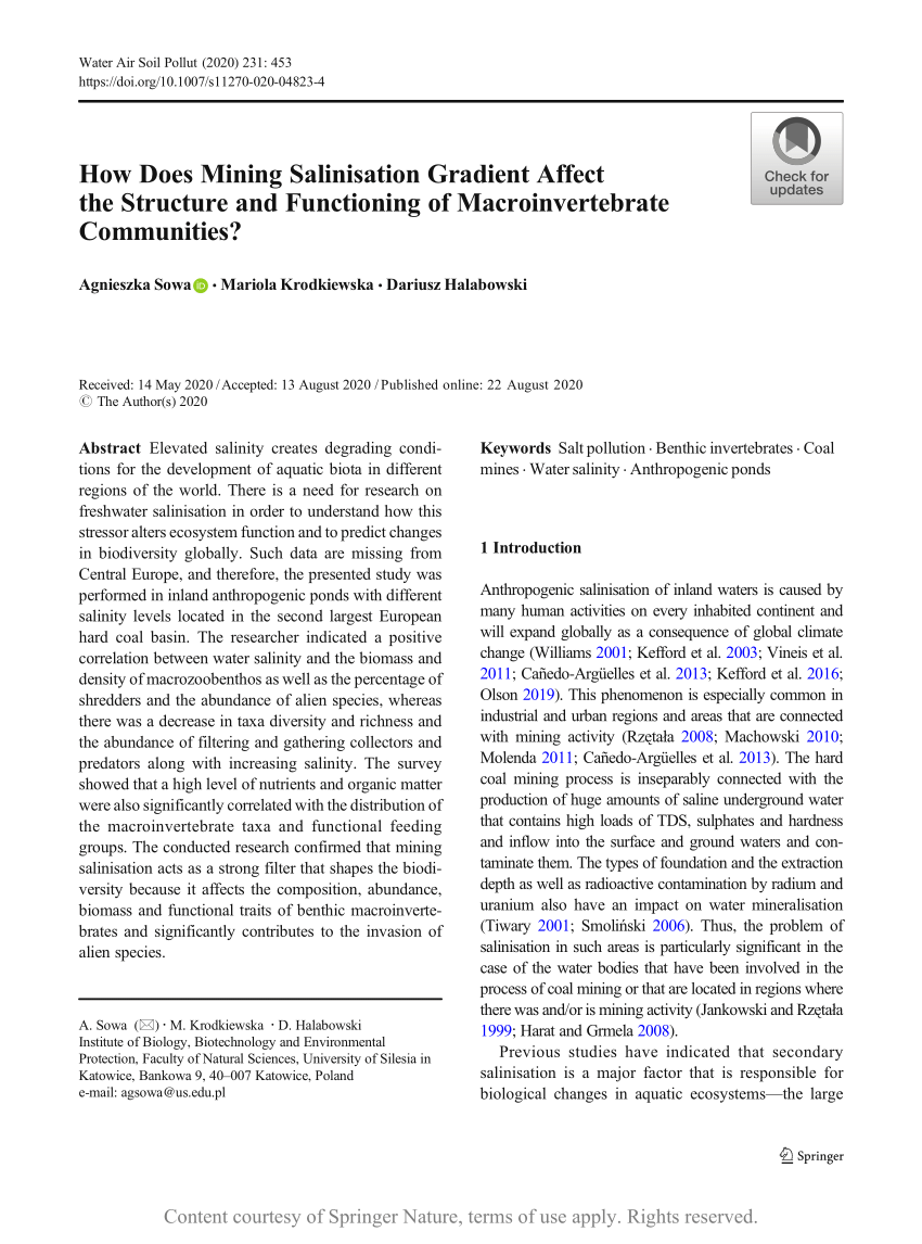 Pdf How Does Mining Salinisation Gradient Affect The Structure And Functioning Of Macroinvertebrate Communities
