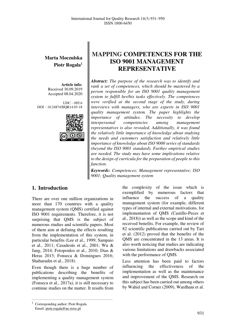 Pdf Mapping Competences For The Iso 9001 Management Representative