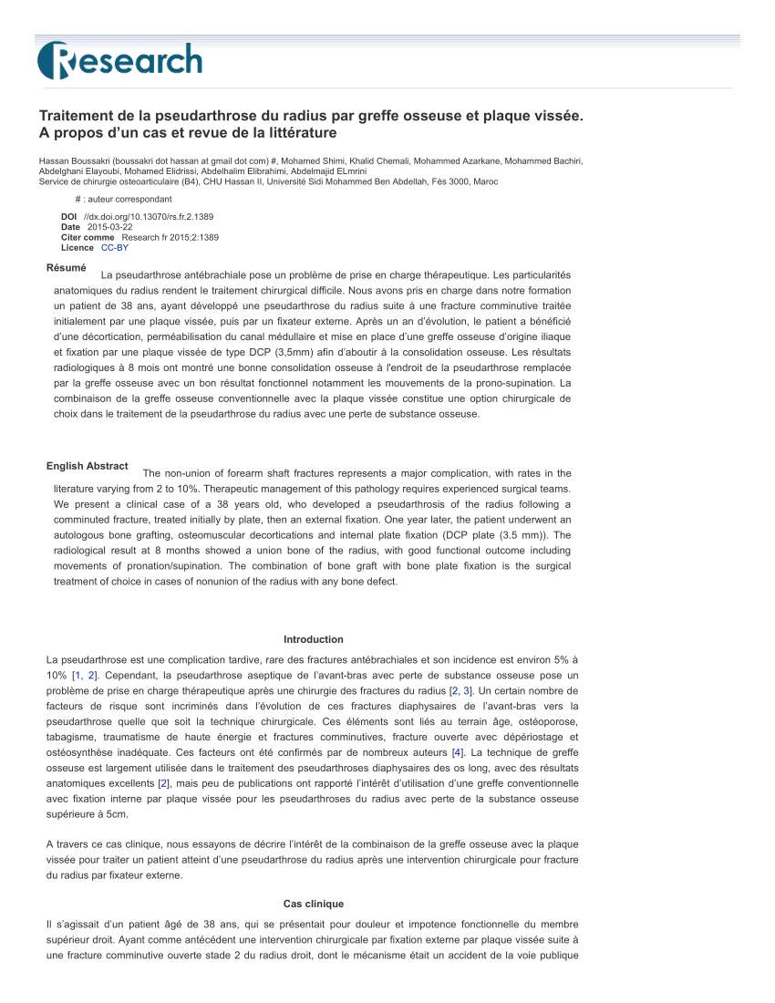 PDF) Traitement de la pseudarthrose du radius par greffe osseuse et plaque  vissée. A propos d'un cas et revue de la littérature