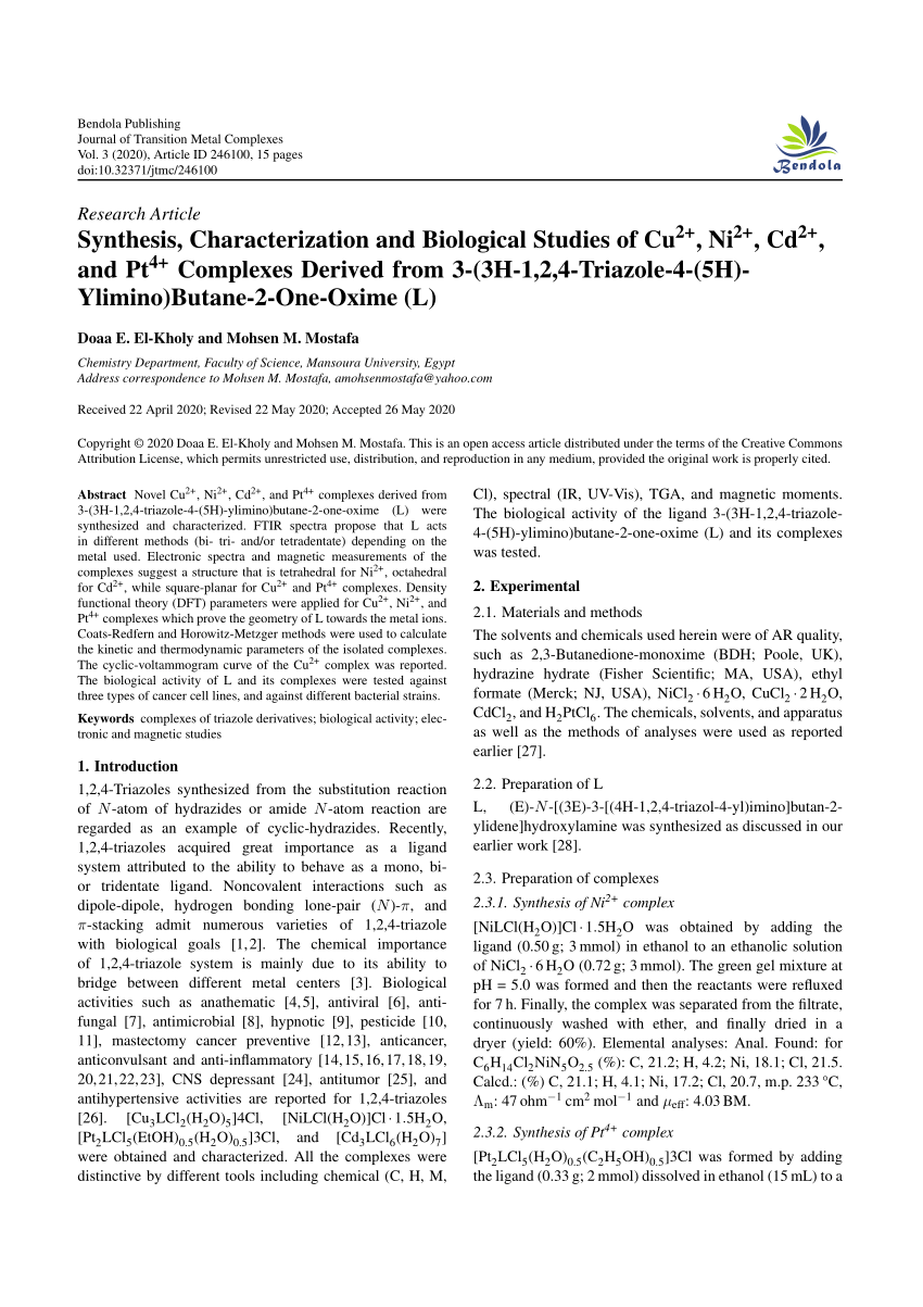 Pdf Synthesis Characterization And Biological Studies Of Cu 2 Ni 2 Cd 2 And Pt 4 Complexes Derived From 3 3h 1 2 4 Triazole 4 5h Ylimino Butane 2 One Oxime L