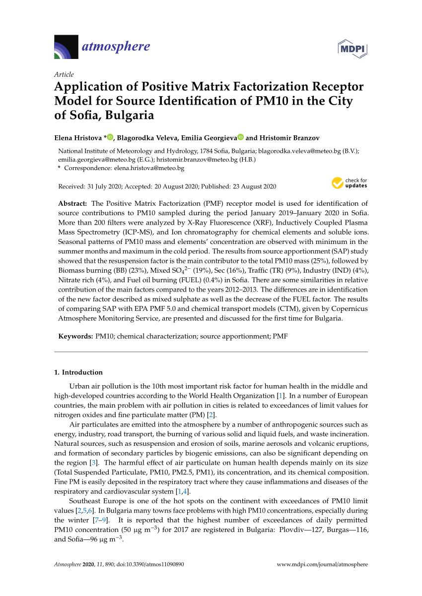Pdf Application Of Positive Matrix Factorization Receptor Model For Source Identification Of Pm10 In The City Of Sofia Bulgaria