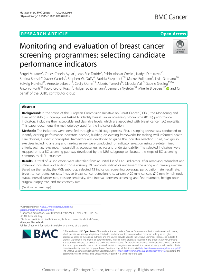 (PDF) Monitoring and evaluation of breast cancer screening programmes:  Selecting candidate performance indicators