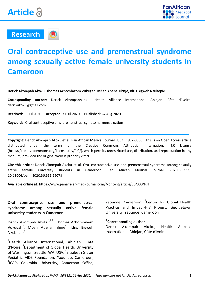 Pdf Oral Contraceptive Use And Premenstrual Syndrome Among Sexually Active Female University Students In Cameroon