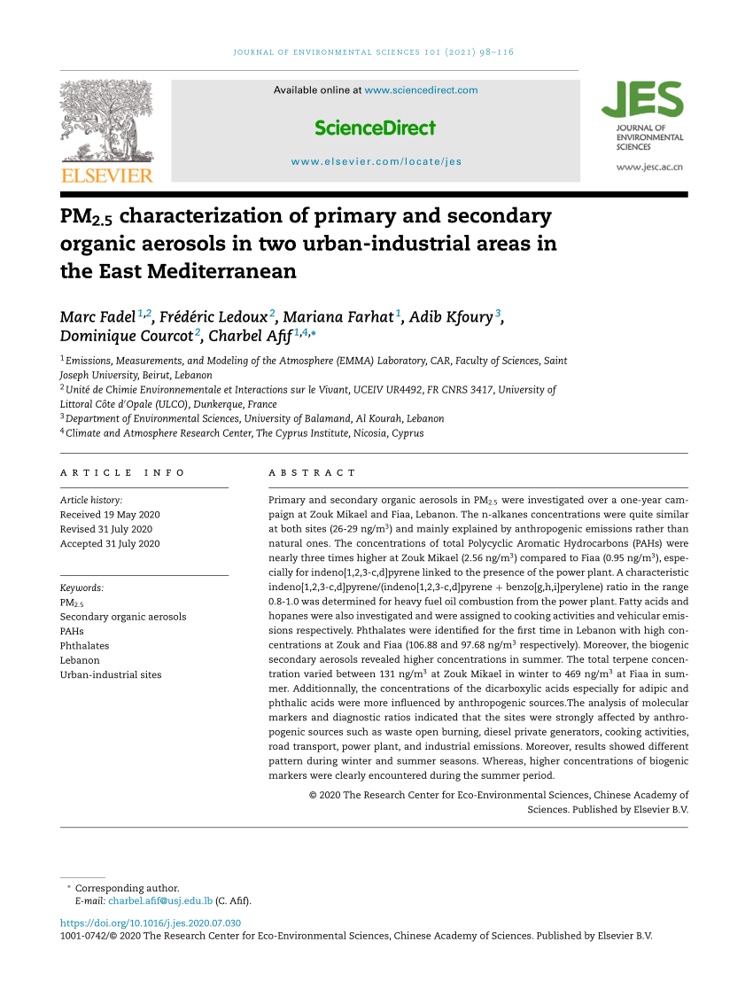 Pdf Pm2 5 Characterization Of Primary And Secondary Organic Aerosols In Two Urban Industrial Areas In The East Mediterranean