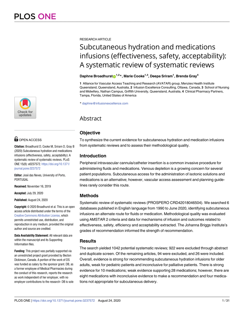 Pdf Subcutaneous Hydration And Medications Infusions Effectiveness Safety Acceptability A Systematic Review Of Systematic Reviews