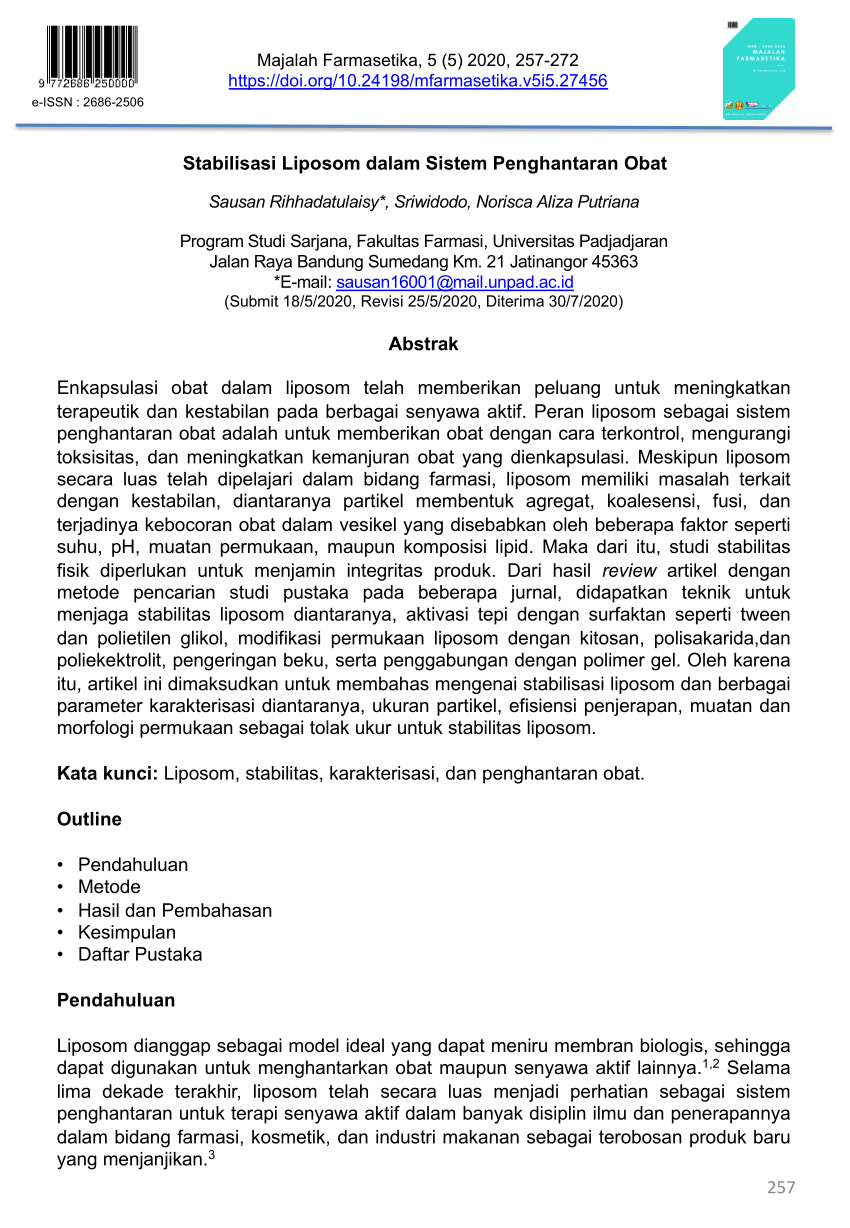 (PDF) Stabilisasi Liposom dalam Sistem Penghantaran Obat