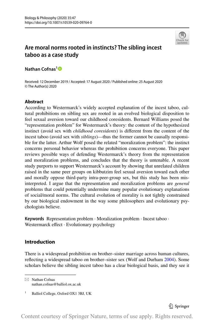 PDF) Are moral norms rooted in instincts? The sibling incest taboo as a  case study