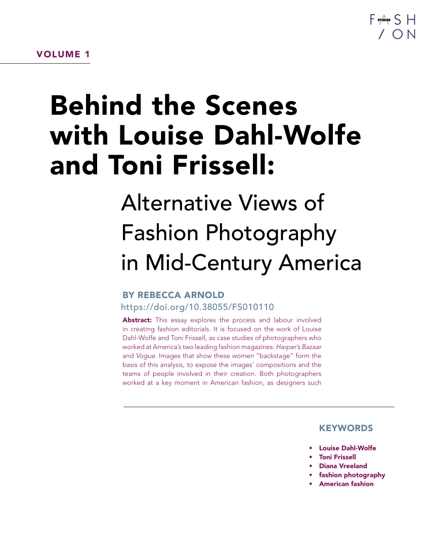 PDF) Behind the Scenes with Louise Dahl-Wolfe and Toni Frissell:  Alternative Views of Fashion Photography in Mid-Century America