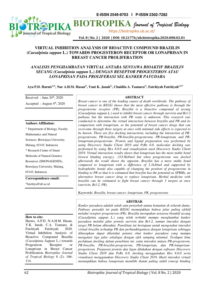 Pdf Virtual Inhibition Analysis Of Bioactive Compound Brazilin Caesalpinia Sappan L Toward Progesterone Receptor Or Lonaprisan In Breast Cancer Proliferation